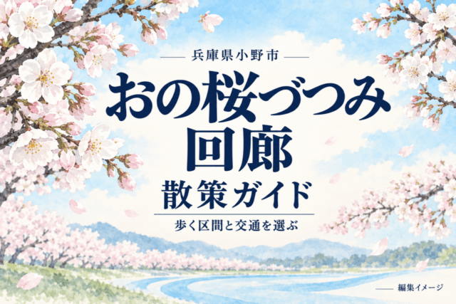 兵庫県小野市・おの桜づつみ回廊の散策ガイド。歩く区間と交通を選ぶ編集イメージ。