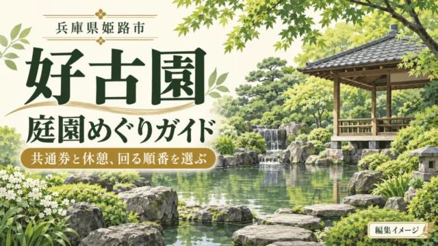 兵庫県姫路市・好古園の庭園めぐりガイド。共通券と休憩、回る順番を選ぶ編集イメージ。