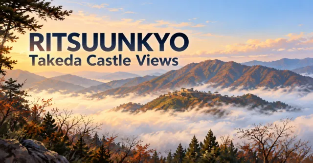 Ritsuunkyo and Takeda Castle Views: illustrated autumn mountain landscape with mist