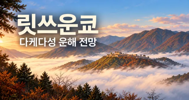 릿쓰운쿄에서 바라본 다케다성 운해 풍경 일러스트