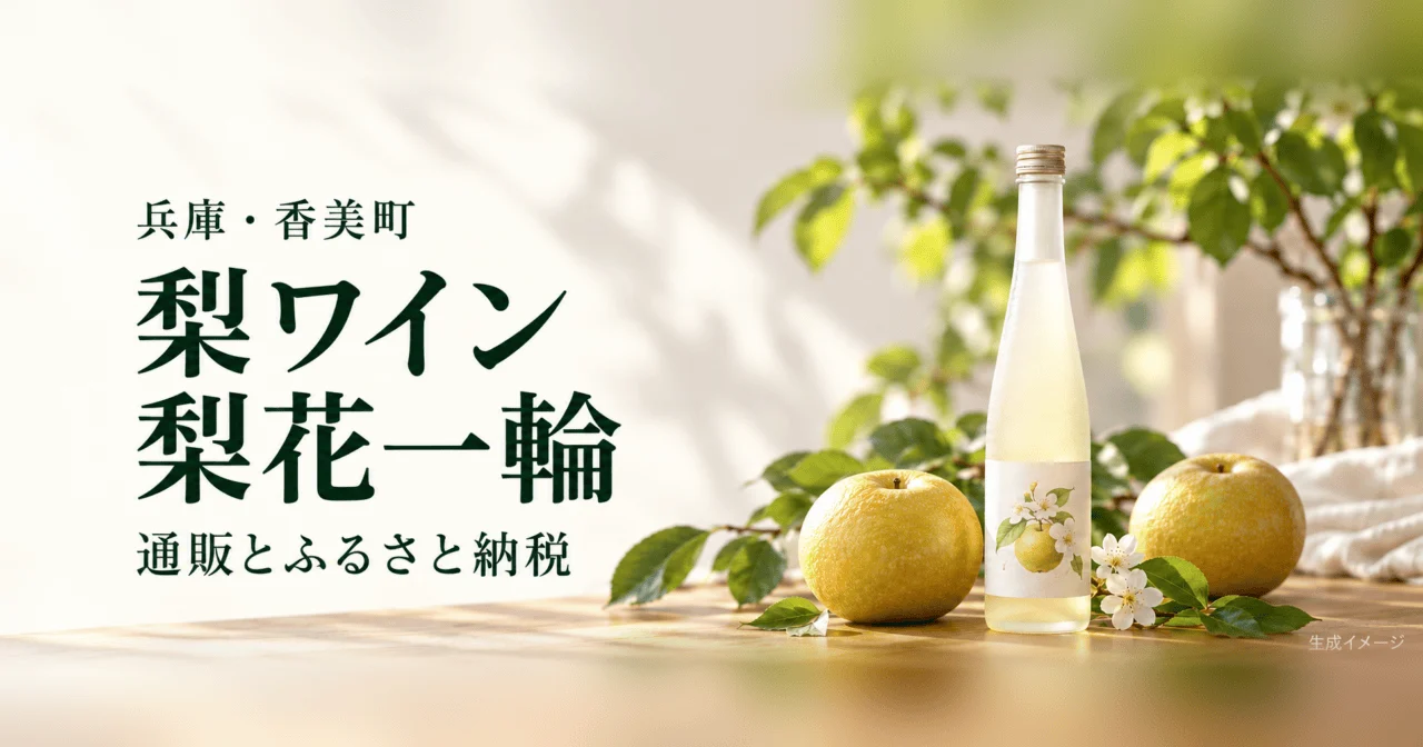 香美町の梨ワイン「梨花一輪」。通販とふるさと納税を案内する、公式商品写真を参考にした生成イメージ