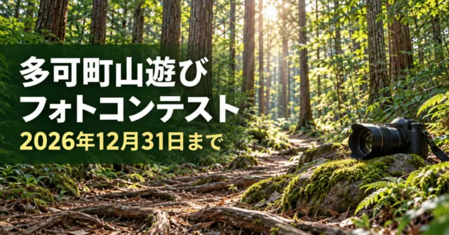 多可町山遊びフォトコンテスト、2026年12月31日まで。公式の森の写真を参考にしたイメージイラスト