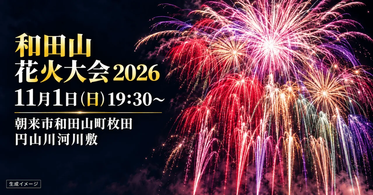 和田山花火大会2026、11月1日19時30分、朝来市和田山町枚田・円山川河川敷の案内。生成イメージ