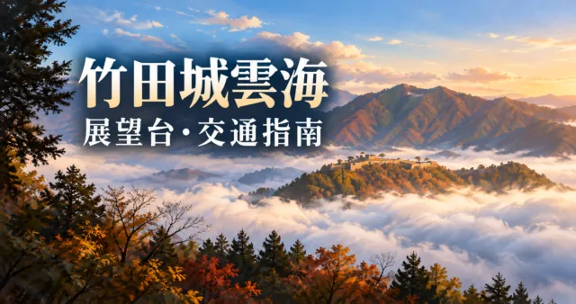 竹田城雲海與立雲峽展望台的秋季風景示意插畫