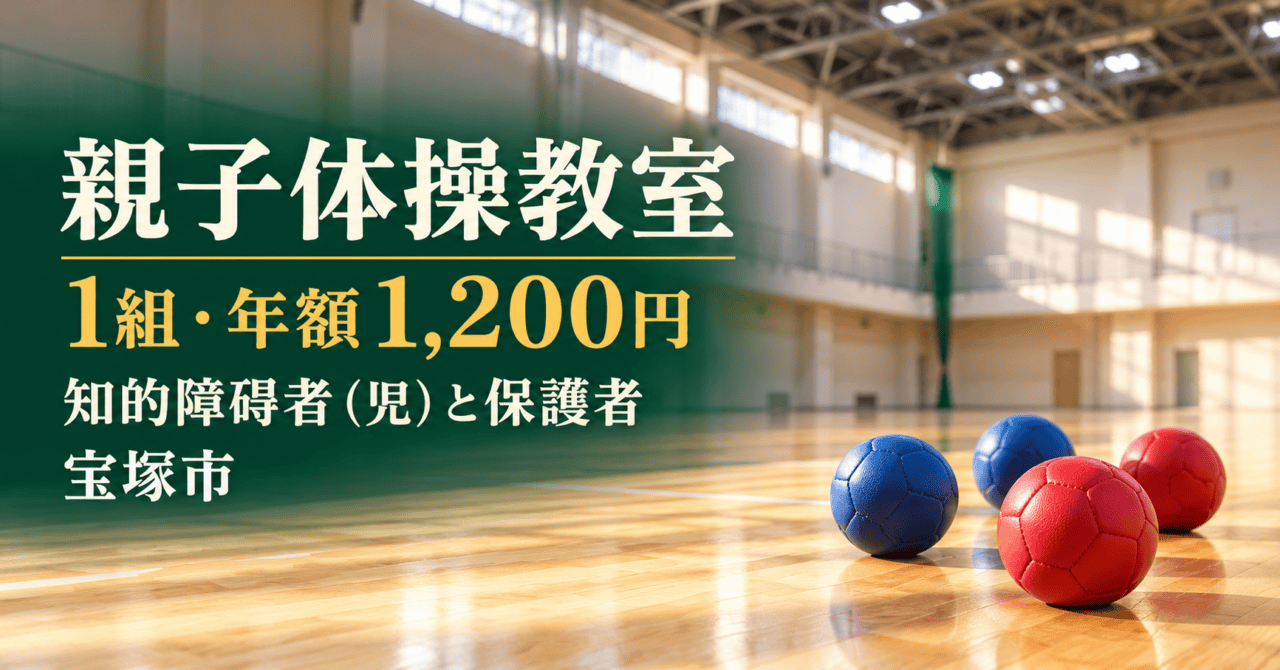親子体操教室。1組・年額1200円、知的障碍者（児）と保護者、宝塚市。施設の実写真をモチーフにした体育室とボールの生成イメージ。