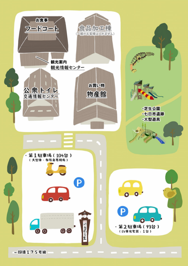 丹波おばあちゃんの里の公式施設配置図。物産館横の芝生公園と道路側の駐車場の位置