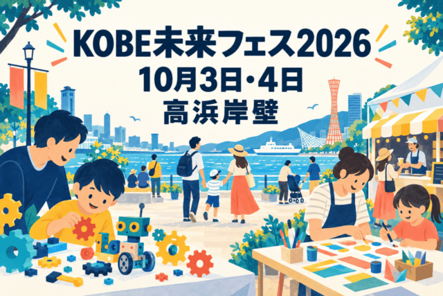 ウォーターフロントの親子向け体験を描いたイラスト。「KOBE未来フェス2026」「10月3日・4日」「高浜岸壁」の文字を配した表紙画像。実際の会場・出展・当日の様子を撮影した写真ではありません。