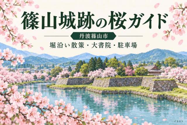 篠山城跡の桜ガイド。丹波篠山市、堀沿い散策・大書院・駐車場の文字と桜・堀を描いたイラスト