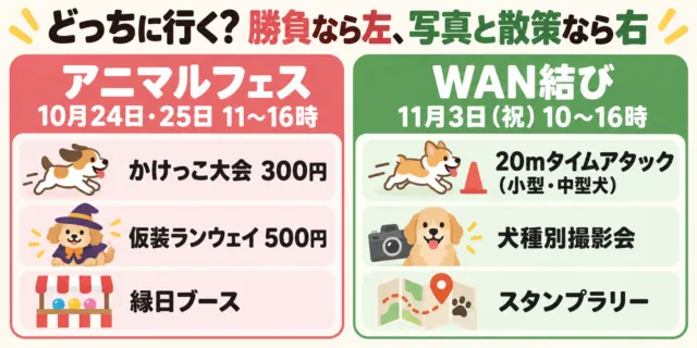 図解：愛犬イベントの選び方。勝負ならアニマルフェス、写真と散策ならWAN結び