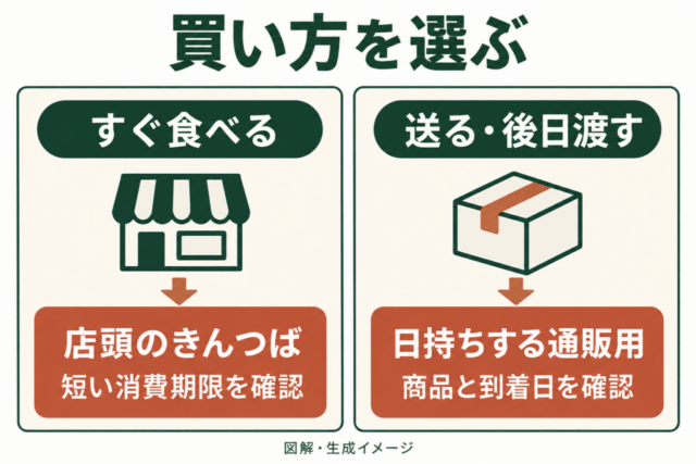 すぐ食べる場合は店頭のきんつば、送る場合は日持ちする通販用を選ぶ