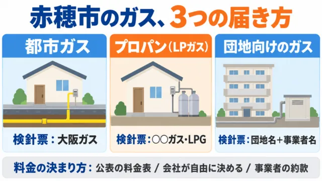 図解：赤穂市のガスの3つの届き方（都市ガス・プロパン・団地向けのガス）と検針票での見分け方