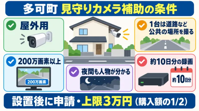 多可町の見守りカメラ補助の条件の図解。屋外用、1台は道路など公共の場所を撮る、200万画素以上、夜間も人物が分かる、約10日分の録画