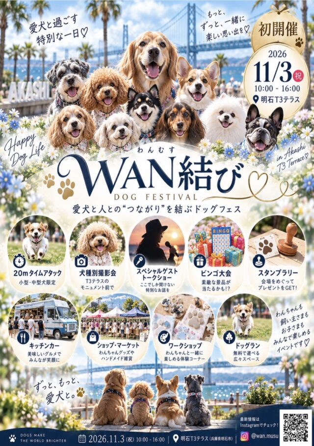 WAN結び（わんむす）の公式チラシ。2026年11月3日10時から16時、明石T3テラス