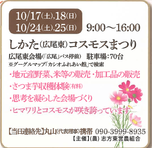 2026年広尾東コスモスまつりの案内。10月17・18・24・25日9〜16時、広尾バス停前、駐車70台、カシオふれあい館で地図検索、さつま芋収穫体験は有料