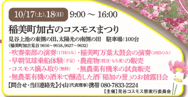 2026年の公式チラシの見谷会場欄。10月17・18日9〜16時、見谷上池東側と太陽光南側の田、駐車100台、無料のコスモス摘み取りを表示。町の18日15時終了案内との相違は本文で説明
