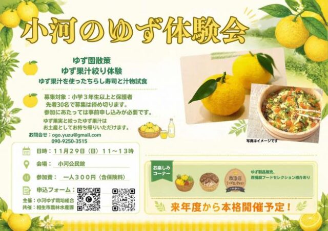 小河のゆず体験会の参加者募集チラシ。11月29日(日)11〜13時、小河公民館、一人300円(保険料含む)、小学3年生以上と保護者で先着30名、申込フォームのQRコード
