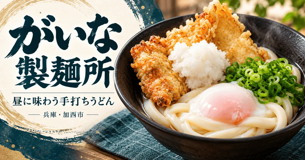 がいな製麺所 昼に味わう手打ちうどん 兵庫・加西市（公式料理写真を参考にしたイメージイラスト）