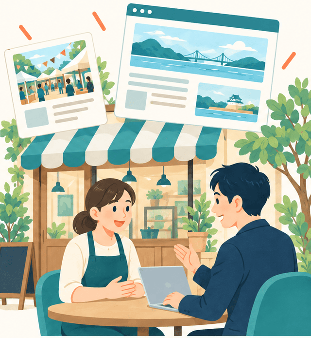 お店の前で、店主とはりまっぷの編集担当が記事とバナーの掲載について話しているイラスト