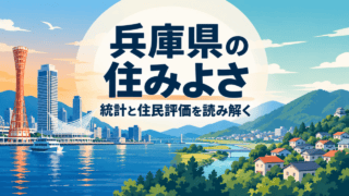 兵庫県の街と山並みを描いた、住みよさと住みここち比較記事の生成イメージ