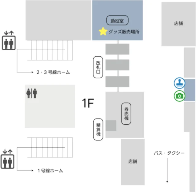 山下駅1階の公式案内図。スタンプとフォトスポットは改札外の図の右側、グッズ販売の助役室は左上に表示
