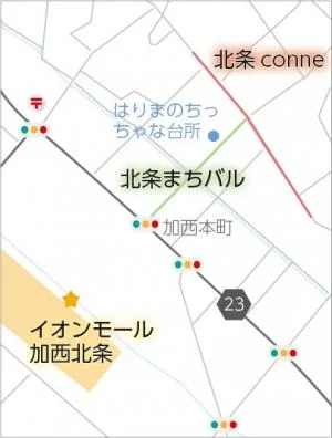 加西市公式の会場周辺図。北条まちバル、北条conne、イオンモール加西北条の位置関係を示す案内図。