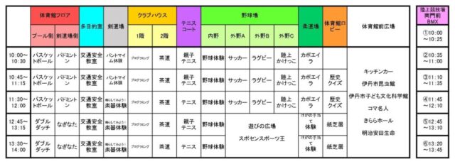 キッズフェスいたみ2026の公式時間表。10時から14時まで、体育館・クラブハウス・屋外の会場別にプログラムを掲載。