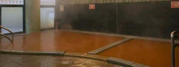 金の湯の浴場。茶褐色の湯、石の縁と仕切り、手すり