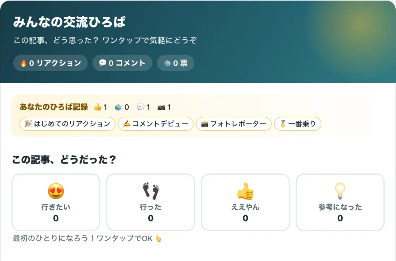 記事下の「みんなの交流ひろば」。行きたい・行った・ええやん・参考になったの4つのボタンが並ぶ