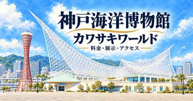 神戸海洋博物館とカワサキワールド。公式外観写真の白い帆形の大屋根をモチーフにした編集イラスト。料金・展示・アクセス