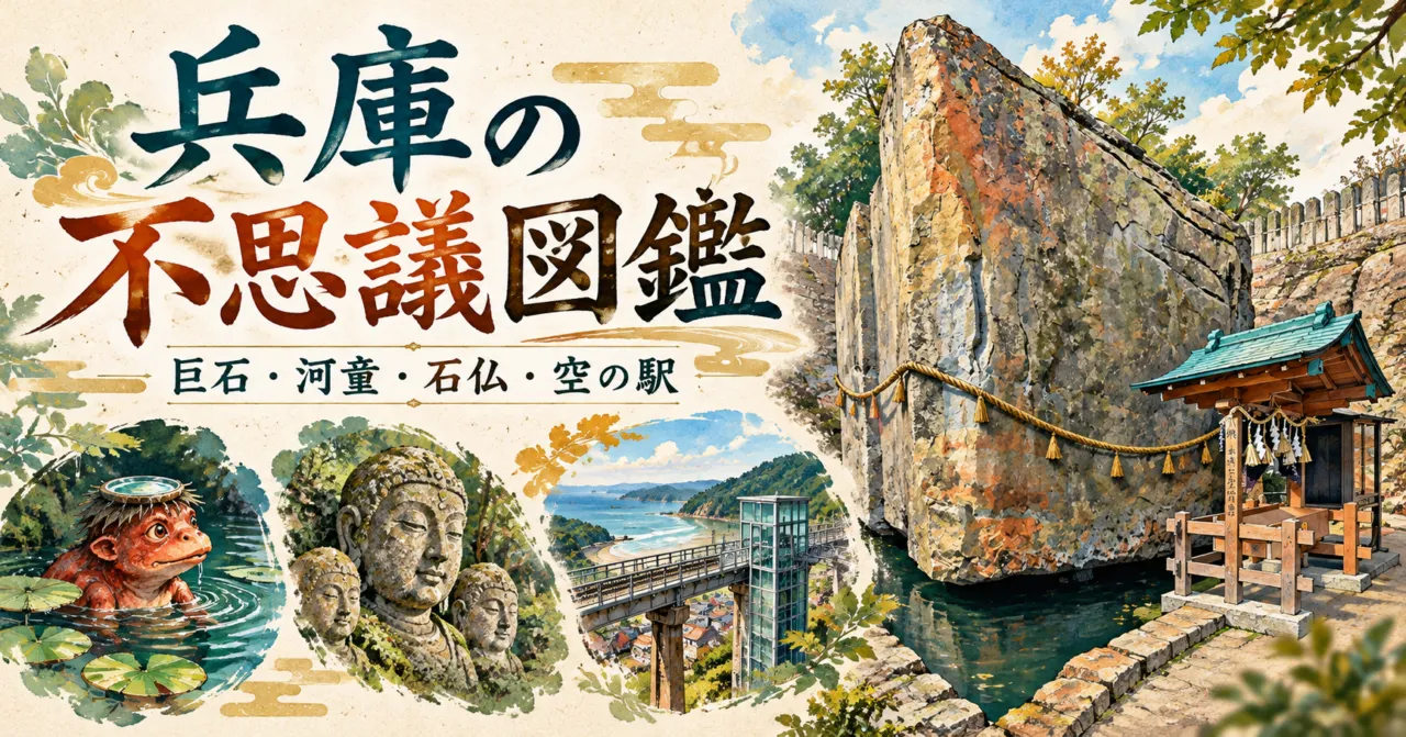 兵庫の不思議図鑑を表す巨石・河童・石仏・高い駅のイメージイラスト