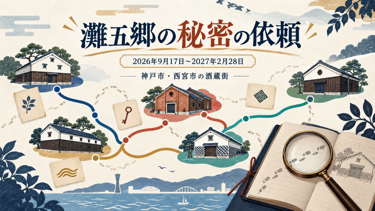 神戸市・西宮市の酒蔵街をめぐる「灘五郷の秘密の依頼」の文字入りイラスト。2026年9月17日〜2027年2月28日開催。