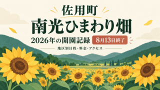 佐用町・南光ひまわり畑の2026年の開園記録を案内するイラスト。8月13日終了、地区別日程・料金・アクセス。