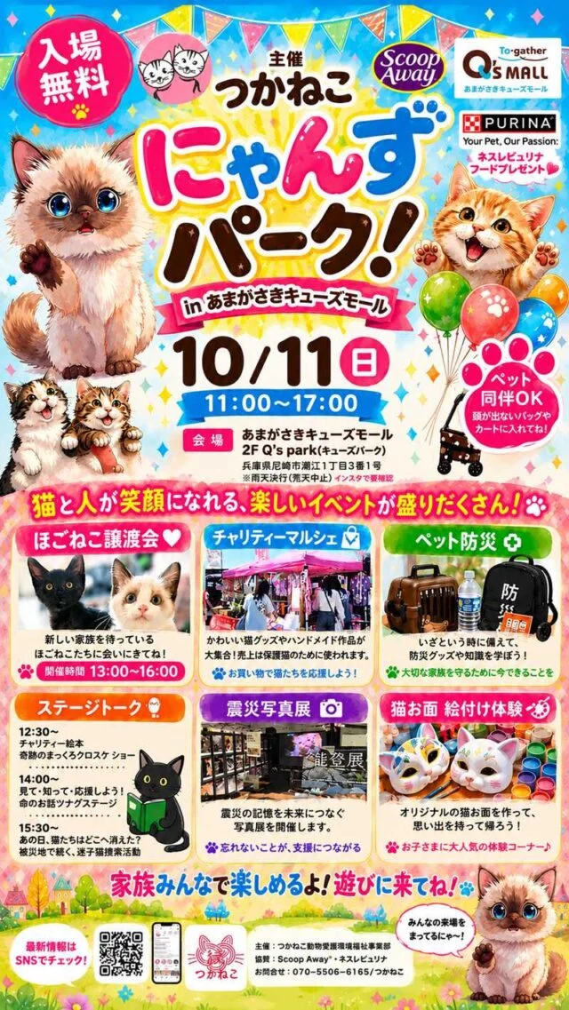 にゃんずパークの公式チラシ。10月11日11~17時、譲渡会13~16時、入場無料、雨天・ペット同伴条件と企画を案内