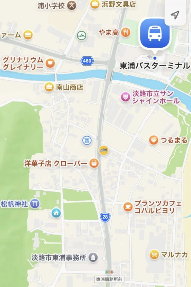 松帆神社が駐車場案内に掲載した周辺地図。東浦バスターミナルの南側、国道28号の西側に松帆神社がある