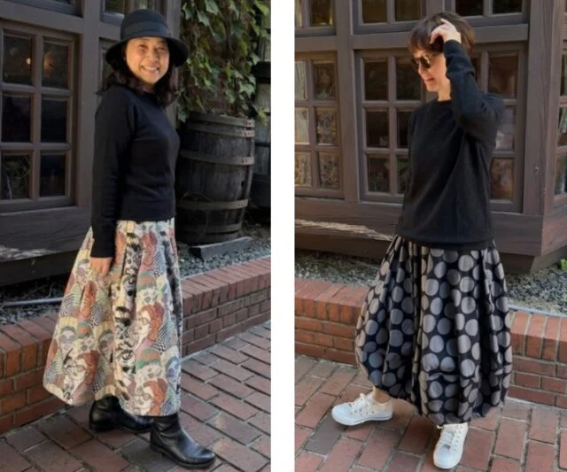 アルノの公式着用例。左は織り柄のジャガードタックスカート、右は水玉柄のバルーンスカート