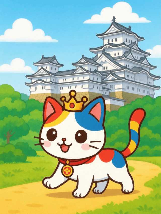 ひめふくが掲載するハピにゃんのイラスト。姫路城を背景に猫キャラクターを描く