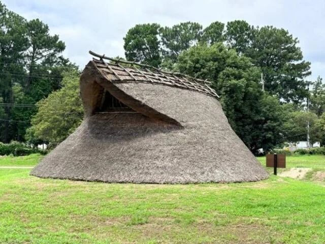 大中遺跡公園の復元竪穴住居。裾が広がる茅葺き屋根と上部の開口部