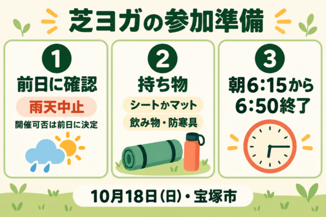 芝ヨガの参加準備の生成図解。前日に開催可否を確認し、シートかマット・飲み物・防寒具を準備。10月18日朝6時15分から6時50分。
