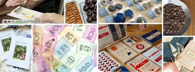 主催者が紹介する出店アイテム。焼菓子、青いアクセサリー、紙雑貨や布小物