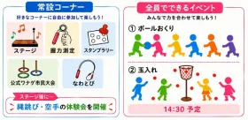 常設コーナーはステージ・運動測定・スタンプラリー・公式ワナゲ・かんたんゴルフ。全員イベントはボールおくりと玉入れ。