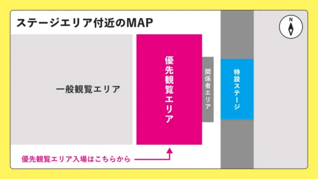 姫路夏祭りの特設ステージ、優先観覧エリア、一般観覧エリアと優先入口の公式図