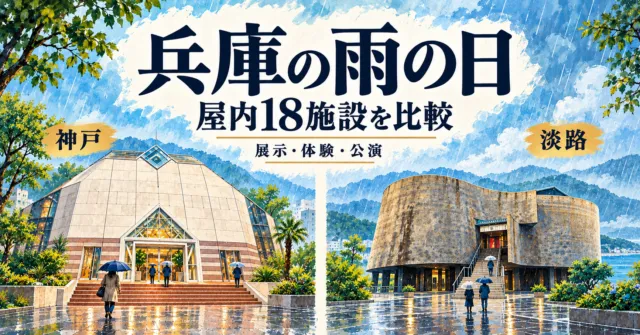兵庫の雨の日。UCCコーヒー博物館と淡路人形座の外観をモチーフにした編集イラスト。屋内18施設を展示・体験・公演で比較