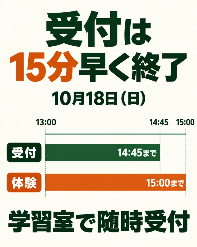10月18日の体験は13〜15時。学習室での随時受付は13〜14時45分で、体験終了より15分早く締まる