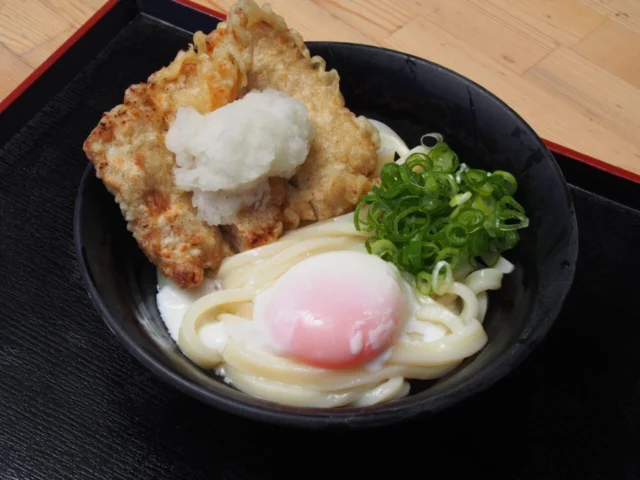 がいな製麺所のうどんにとり天・温泉たまご・大根おろしを添えた観光協会掲載写真