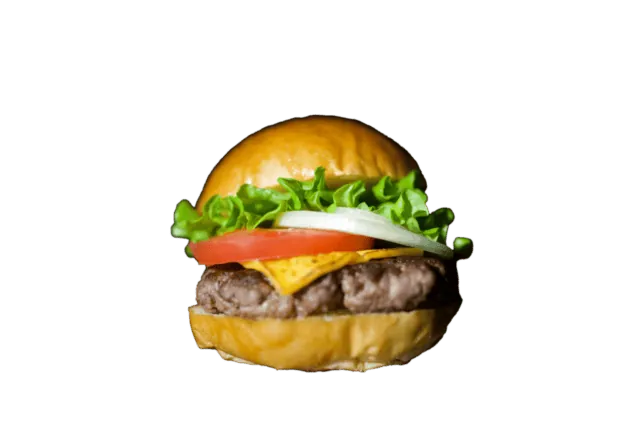 ベーカリーランプ公式のチーズバーガー。バンズに野菜、チーズとパティを挟んでいる