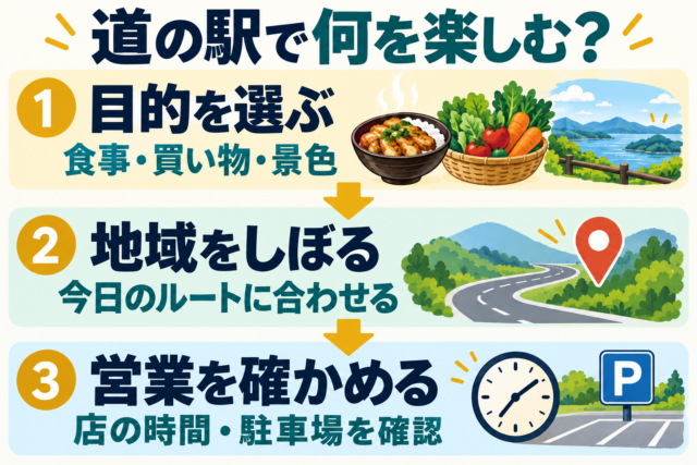 道の駅は目的、地域、店の時間と駐車場の順に選ぶ