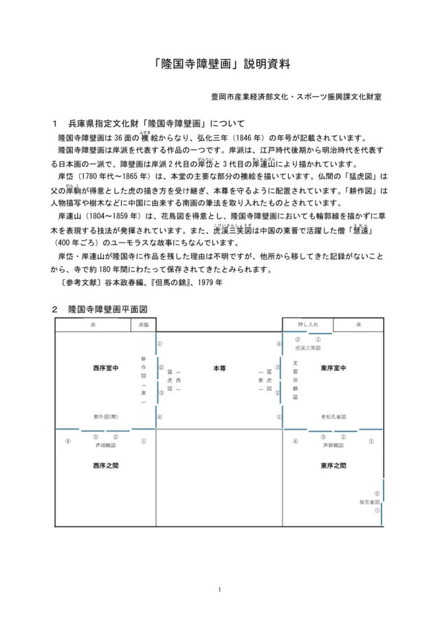 隆国寺障壁画の説明資料。本堂の平面図に、西序室中・本尊・東序室中・西序之間・東序之間ごとの襖絵の配置を示す