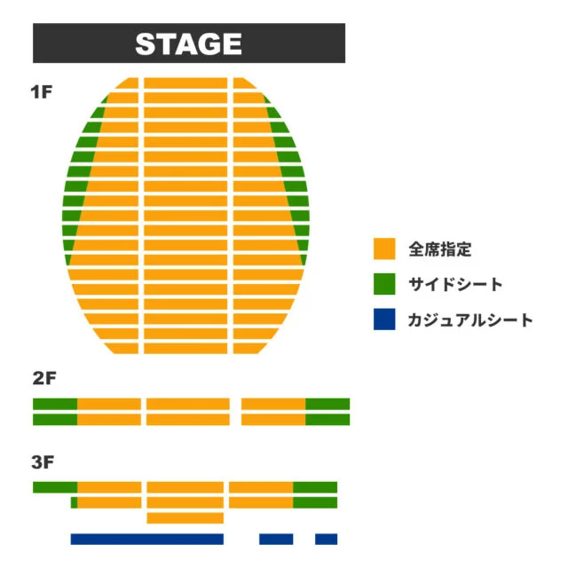 AiiA 2.5 Theater Kobeの座席配置図。1階から3階の全席指定、サイドシート、3階後方カジュアルシートの位置を色と凡例で示しています。見切れ席の場所は図に示されていません。