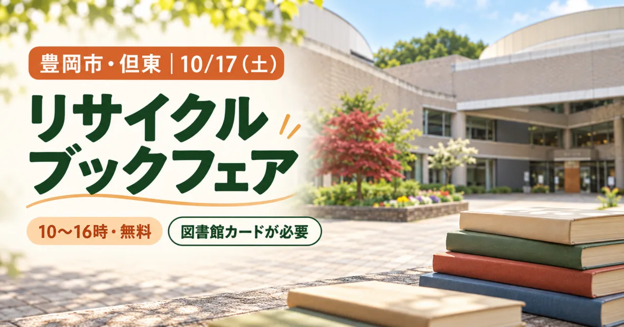 豊岡市・但東のリサイクルブックフェア。10月17日土曜10〜16時・無料、図書館カードが必要。分館公式写真をモチーフにした生成イメージ