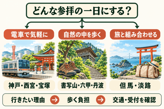 電車で気軽に・自然の中を歩く・旅と組み合わせるから参拝先を選び、歩く負担と交通・受付を確認する図解